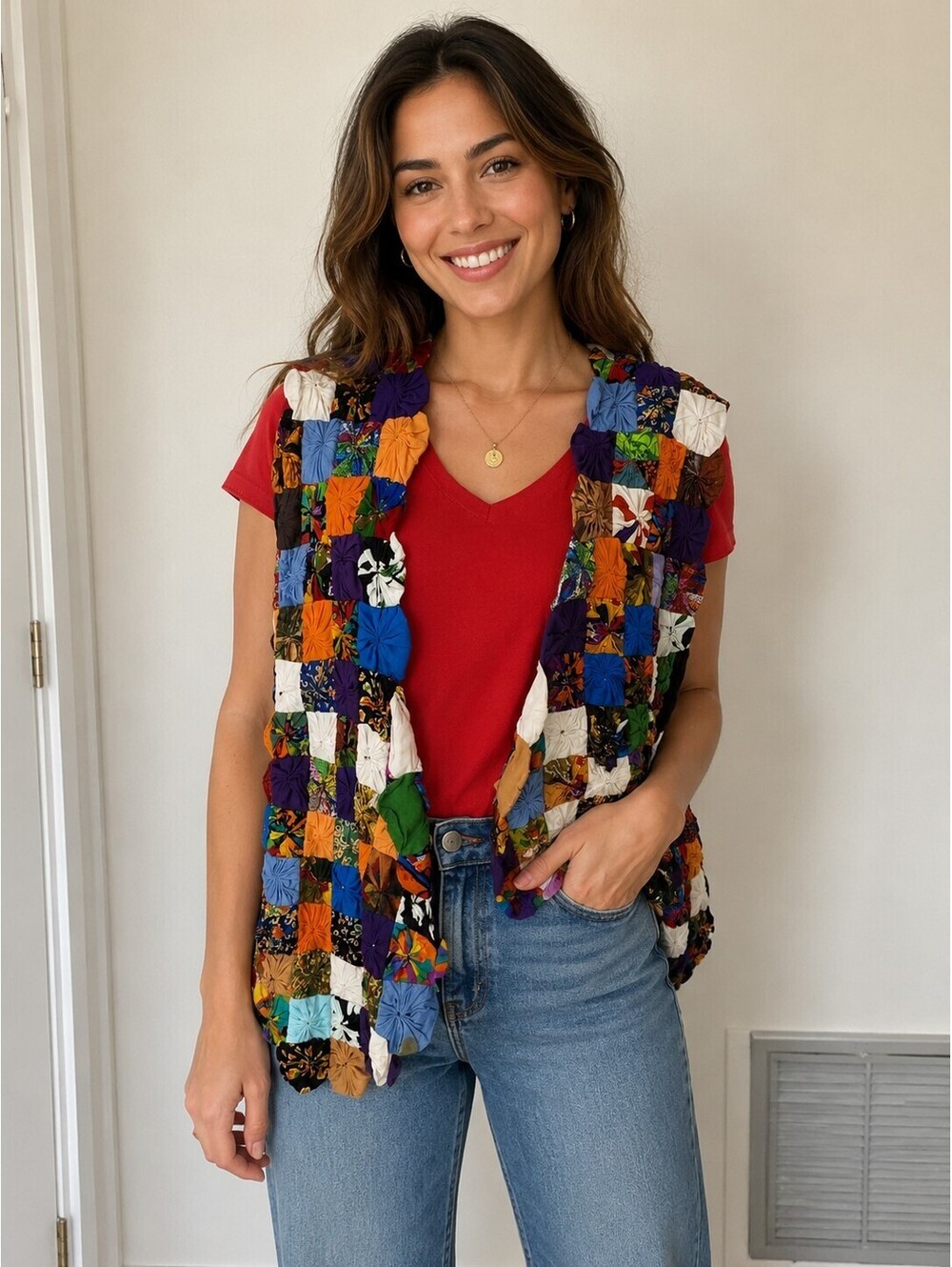 Theo Yoyo Quilted Funky Vest Patchwork Hippie Sz. L Handmade Grannycore  VTG